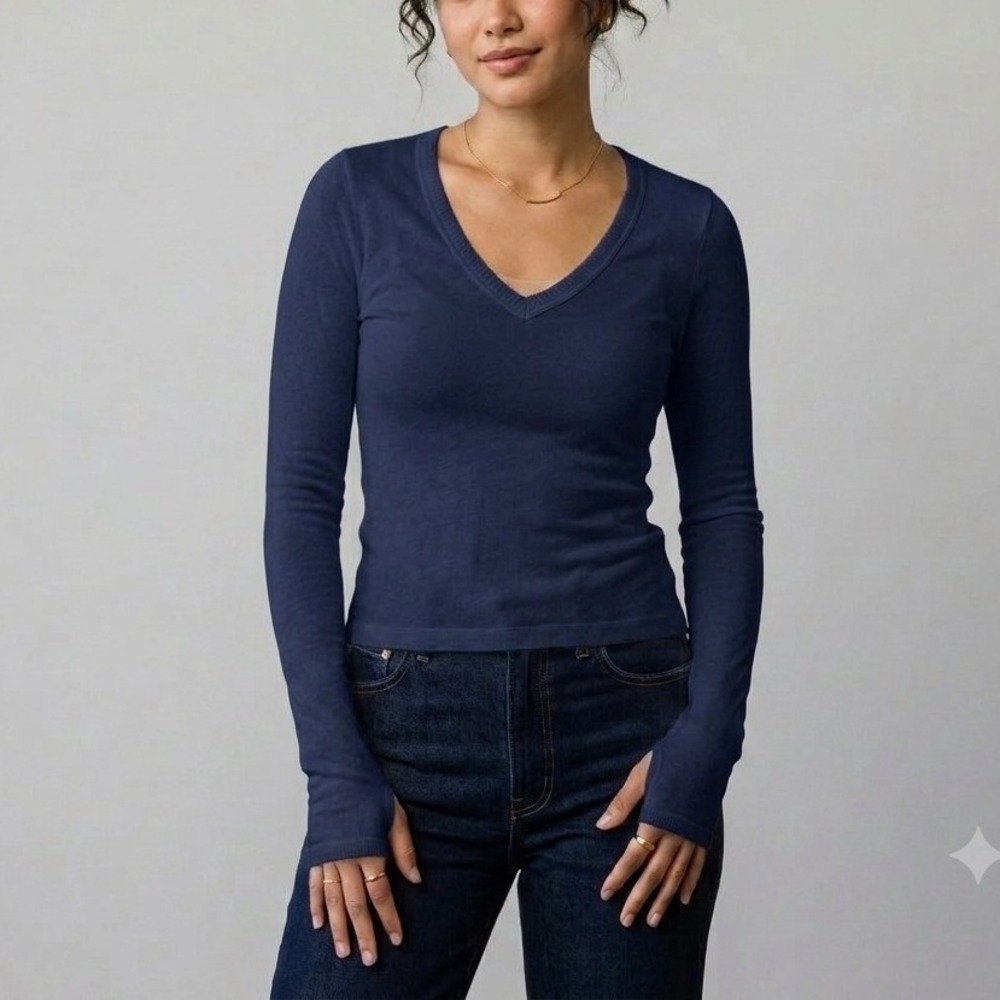 ENZA COSTA Cashmere New Classic V Neck Top Women Small Navy Long Sleeve Jersey